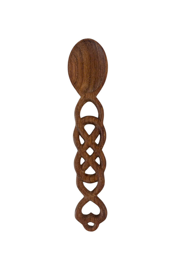 Beautiful handmade wooden heart spoon featuring an oval bowl and intricate carved handle with heart-shaped detail, elegant and artistic.
