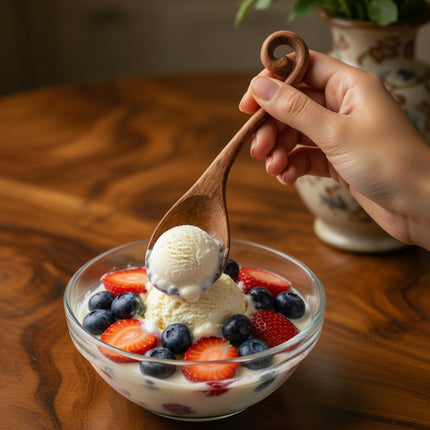Handcrafted wooden spoon with hole designed for serving meals, adding a natural and elegant touch to dining experiences.