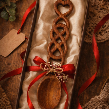 Elegant handmade wooden heart spoon with intricate carved handle, a warm rustic gift symbolizing love and craftsmanship.