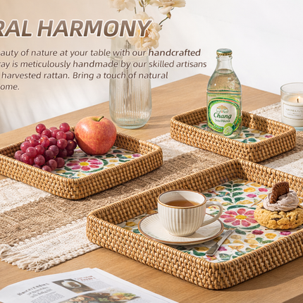 Rectangular rattan serving tray.