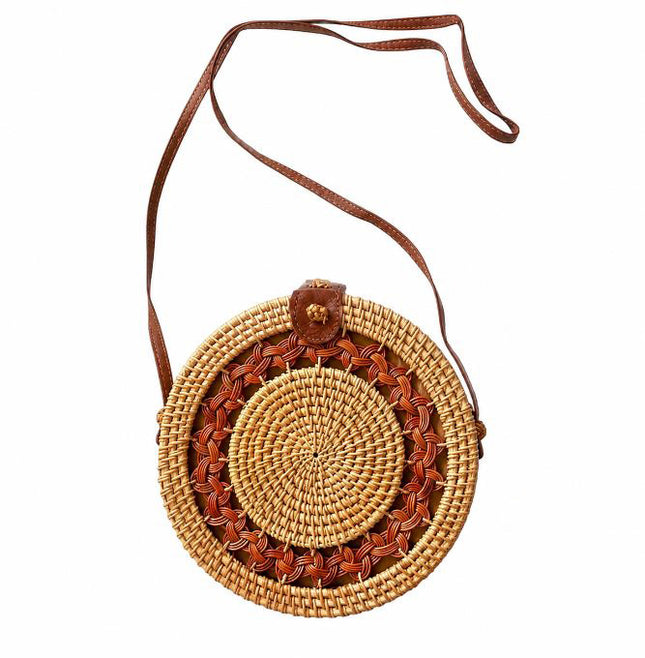 Cute intricate braided mandala round rattan crossbody bag.