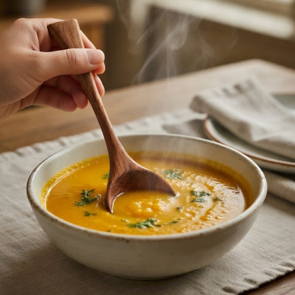 Handmade wooden spoon with a long handle and deep bowl that is easy to clean and perfect for everyday kitchen use.