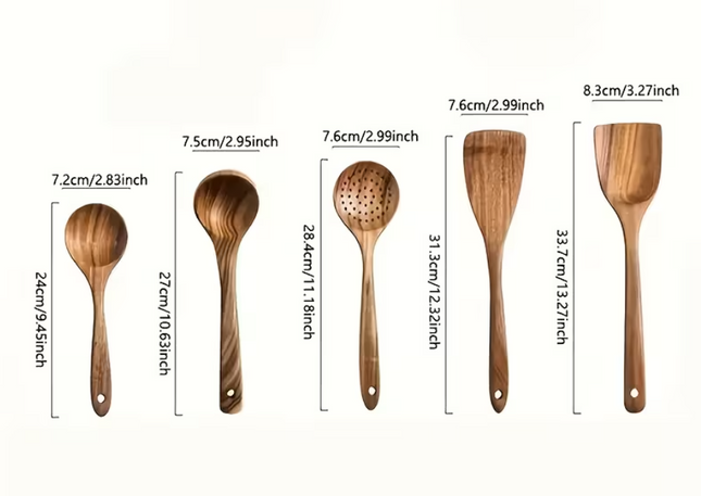 Luxury handmade wooden spoon set 5 pieces with multiple sizes designed for versatile cooking and a comfortable kitchen experience.