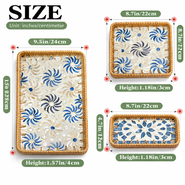 size of handmade Rattan Tray with Shell Inlay.
