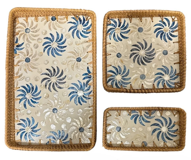Handmade Rattan Tray with Shell Inlay.