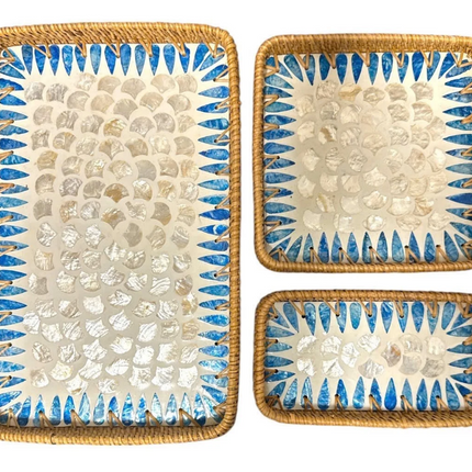 Elegant serving tray with shimmering mother of pearl accents.