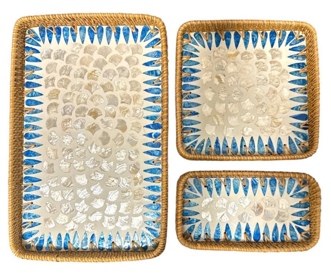 Elegant serving tray with shimmering mother of pearl accents.