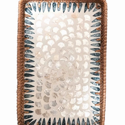 Lotus Handcrafts Rectangle Rattan Serving Tray with Mother of Pearl Inlay.