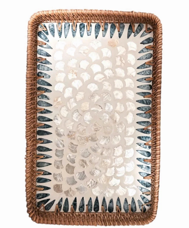 Lotus Handcrafts Rectangle Rattan Serving Tray with Mother of Pearl Inlay.