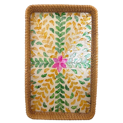 Rectangle Rattan Serving Tray with Mother of Pearl Inlay.
