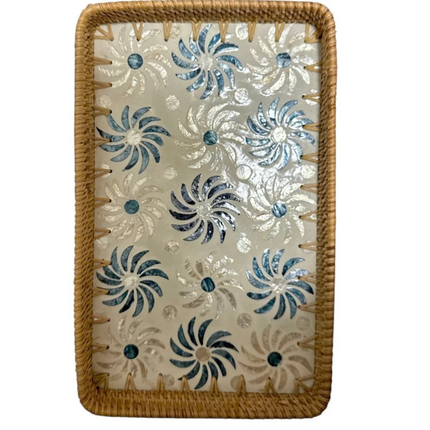 A beautiful Rectangle Rattan Serving Tray with Mother of Pearl Inlay.