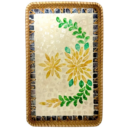 A beautiful Rectangle Rattan Serving Tray with Mother of Pearl Inlay by Lotus Handcraft.