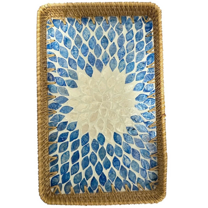 Rectangle Rattan Serving Tray with Mother of Pearl Inlay