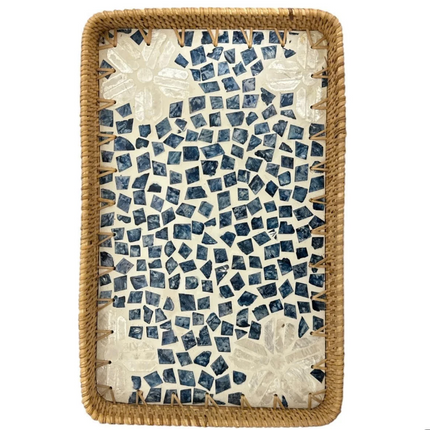 Rectangle Rattan Serving Tray with Mother of Pearl Inlay perfect for home décor.