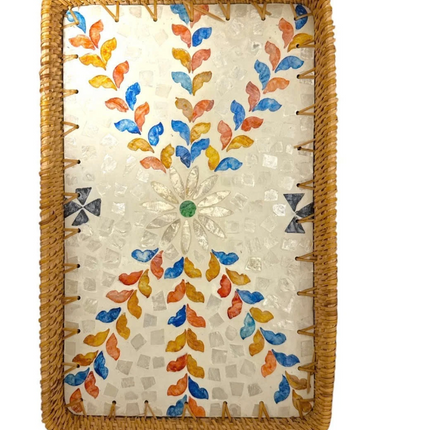 Lotus Handcrafts Rectangle Rattan Serving Tray with Mother of Pearl.