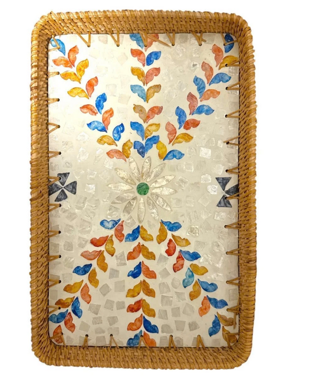 Lotus Handcrafts Rectangle Rattan Serving Tray with Mother of Pearl.