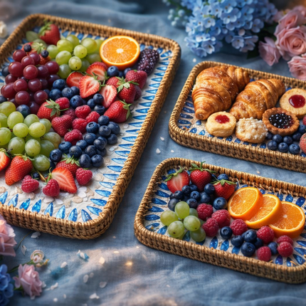 Natural woven rattan tray with a timeless design.