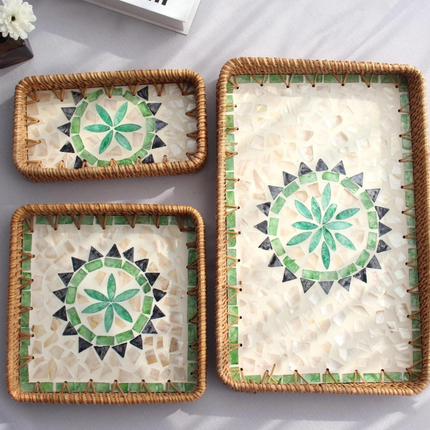 Rectangle Rattan Tray with Mother of Pearl,Wicker Rattan Tray Tray11
