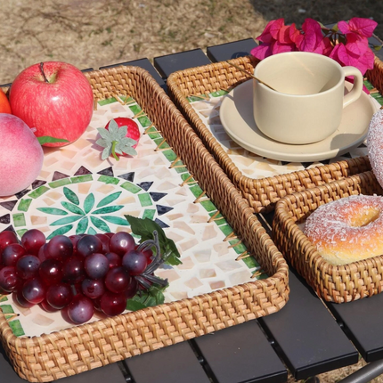 Rattan tray with elegant mother-of-pearl inlay.