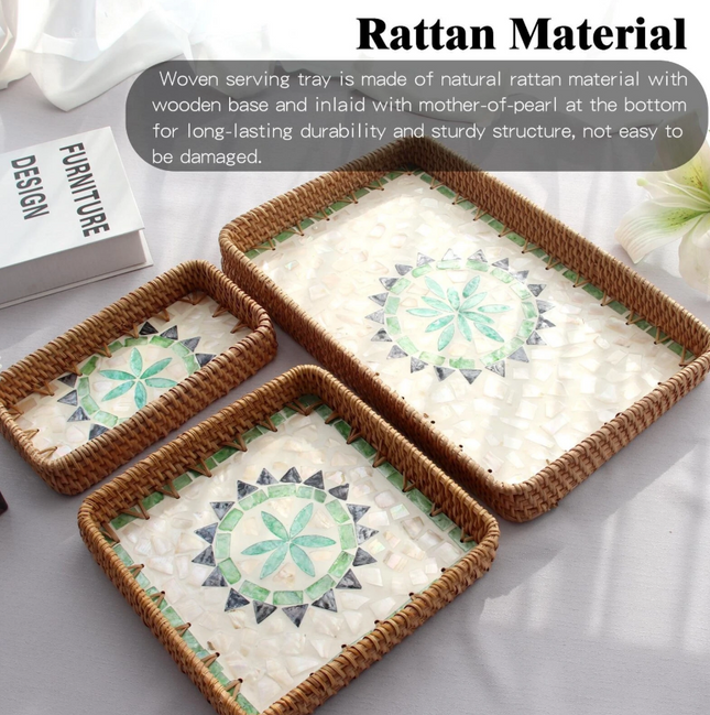 Rattan tray with elegant mother-of-pearl inlay