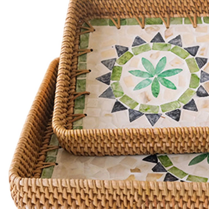 Durable and beautiful rattan tray with elegant mother-of-pearl inlay.