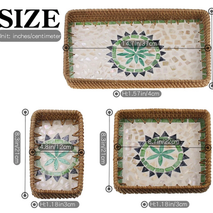 Rattan tray with elegant mother-of-pearl inlay.