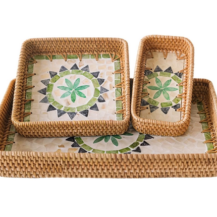 Rattan tray with elegant mother-of-pearl inlay, perfect for home décor.