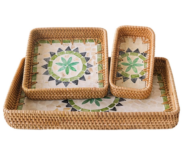 Rattan tray with elegant mother-of-pearl inlay, perfect for home décor.