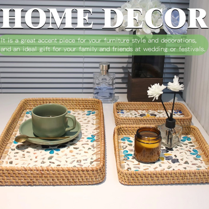 Rectangular rattan tray featuring mother-of-pearl inlay, effortlessly enhancing any décor space.