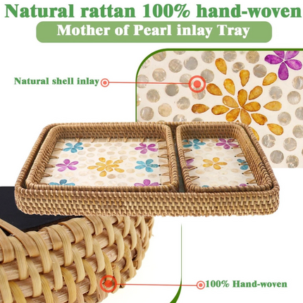 Rectangular rattan tray with mother-of-pearl inlay.