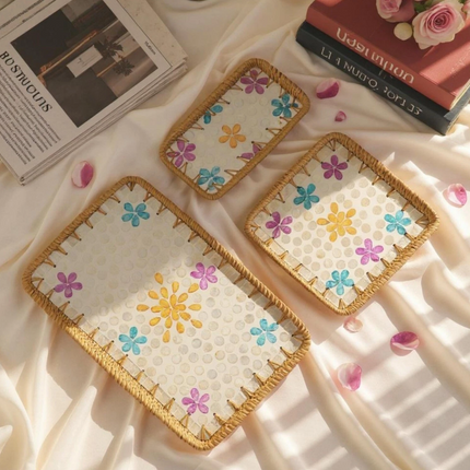 Rectangle Rattan Tray with Mother of Pearl,Wicker Rattan Tray06