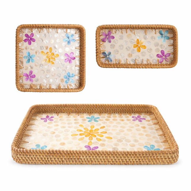 Rectangle Rattan Tray with Mother of Pearl Wicker Rattan Tray.