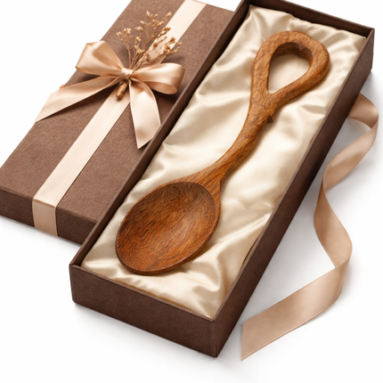 SweetHeart Handmade Wooden Spoon – Model 3 is a beautifully handcrafted natural wooden spoon with a charming heart-shaped handle, elegantly presented in a gift.