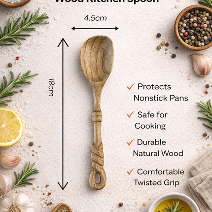 Handmade twisted handle cooking spoon is a beautiful natural wood utensil perfect for everyday cooking in a warm and rustic kitchen.