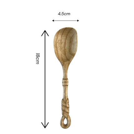 Handmade twisted handle cooking spoon with comfortable handle size suitable for cooking stirring serving and everyday kitchen use.