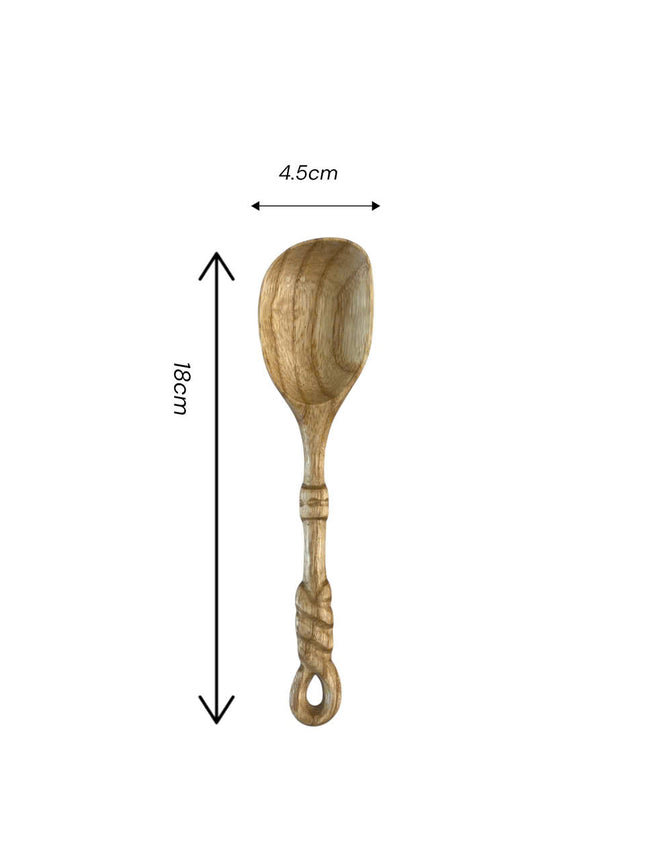 Handmade twisted handle cooking spoon with comfortable handle size suitable for cooking stirring serving and everyday kitchen use.