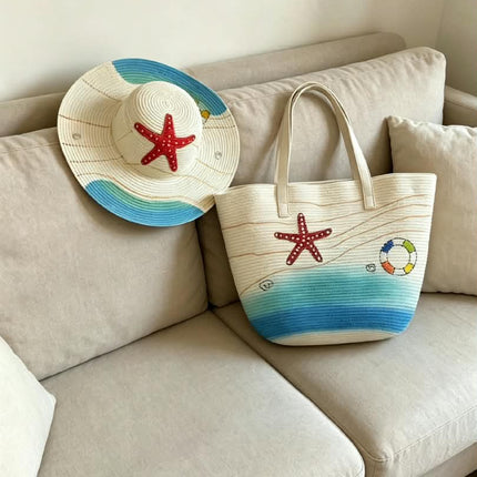 Straw Hat & Tote Bag Set – Starfish & Lifebuoy Print