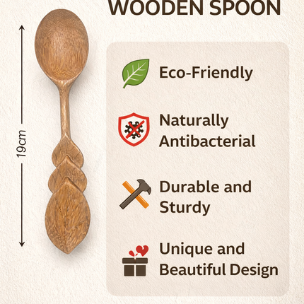 Wooden spoon hand carved leaf handle design offers a comfortable grip and perfect size for daily cooking tasks.