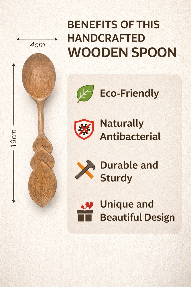 Wooden spoon hand carved leaf handle design offers a comfortable grip and perfect size for daily cooking tasks.