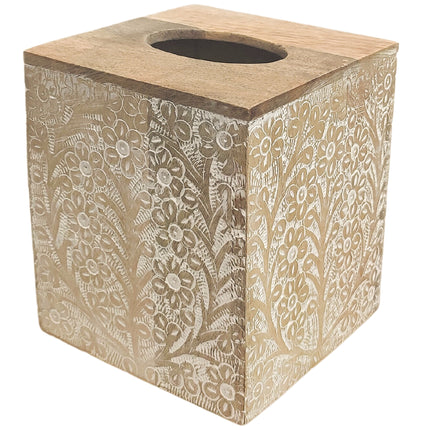 White Mango Wood Tissue Holder, 14 × 16 cm