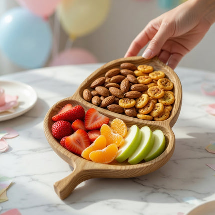 Handcrafted wooden acorn serving tray is easy to clean and perfect for everyday use.