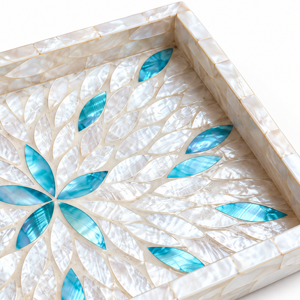 Rectangular Pearl Shell Decorative Tray Blue Crystal