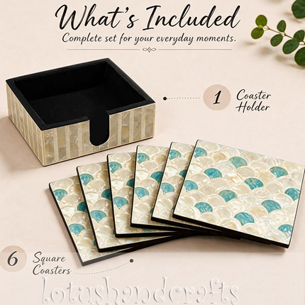 Square mother of pearl coasters placed beneath coffee mugs on a stylish table, combining practical everyday use with refreshing coastal elegance.