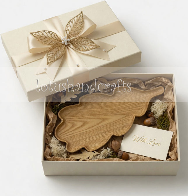 Handcarved ash wood oak leaf serving tray, a beautiful handmade gift for coffee and home decor lovers.