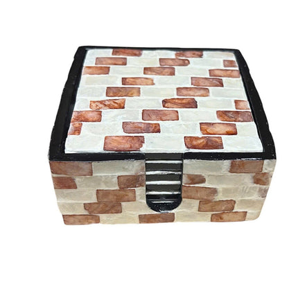 Striking red-and-white brick mosaic pattern in genuine mother-of-pearl, elegant and symmetrical.