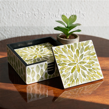 symmetrical green leaf design square coasters shimmering ivory and golden green.