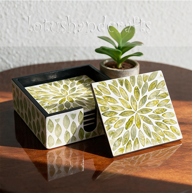 symmetrical green leaf design square coasters shimmering ivory and golden green.
