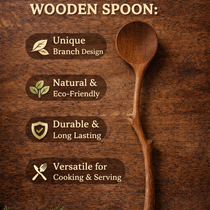 Twig shape serving spoon handmade wooden offers natural rustic beauty durable use and comfortable grip for cooking serving and kitchen decoration.