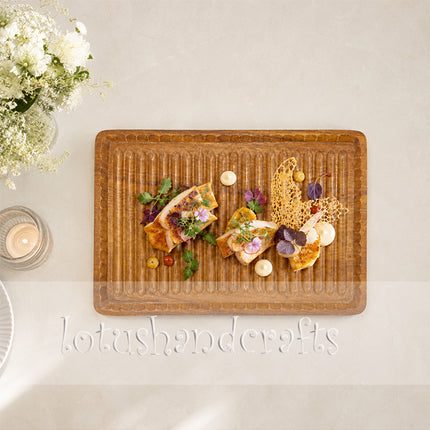 Large wavy redwood serving tray for elegant food plating and rustic farmhouse table decor.
