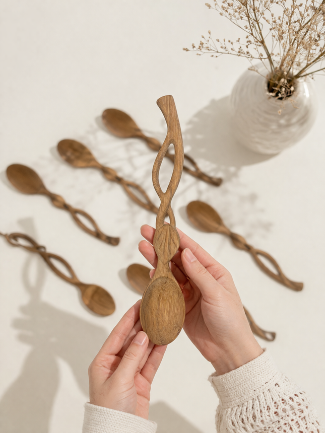 Handcrafted leaf handle wooden spoon made from natural wood brings elegance durability and comfort to daily use.